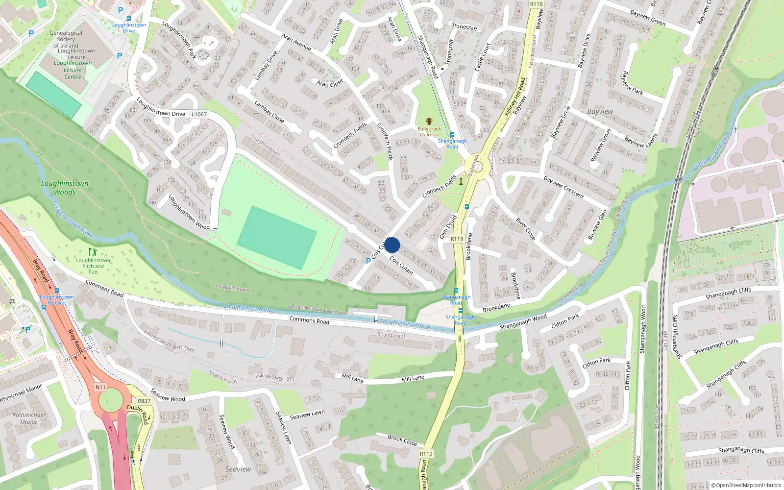 Overhead map showing the location of 1 Cois Cualann Loughlinstown, Loughlinstown, Dublin
