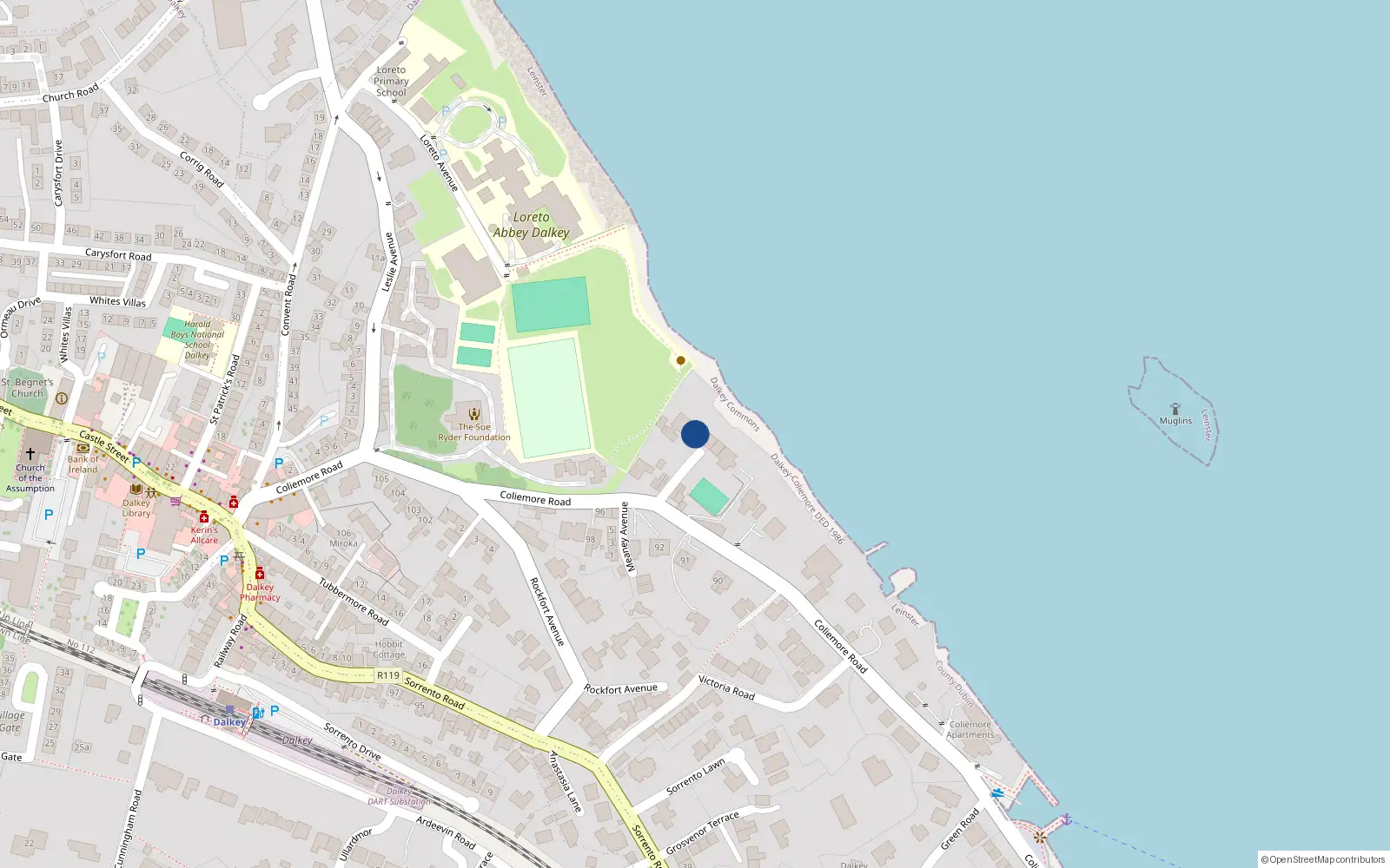 Overhead map showing the location of 1 Coliemore Villas, Dalkey, Dublin