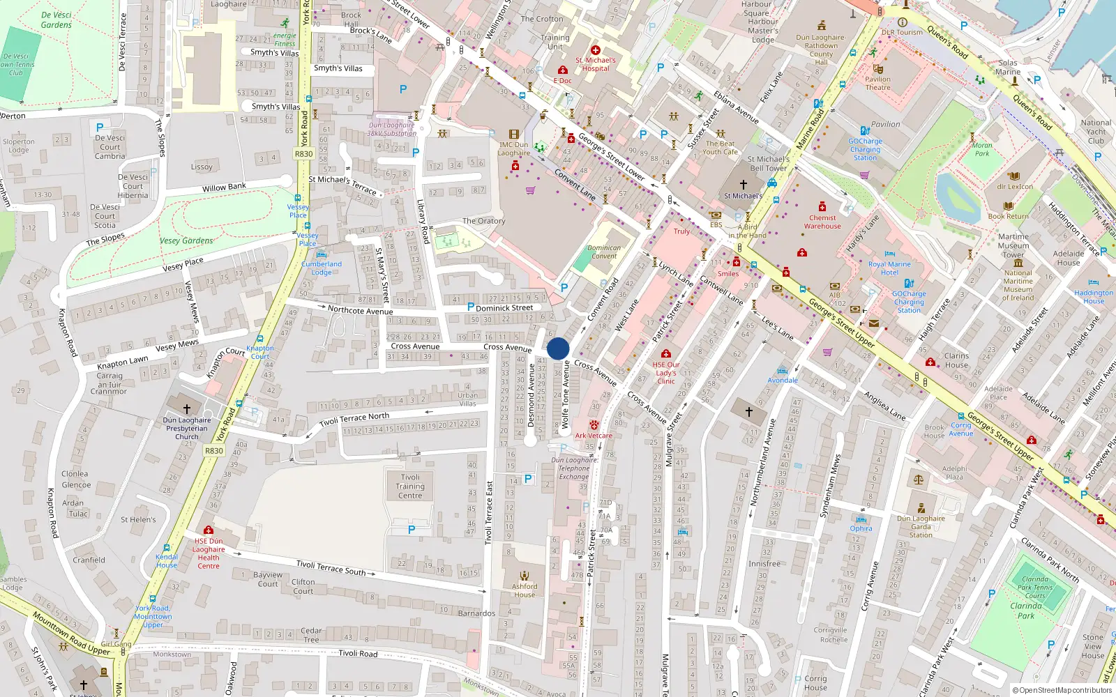 Overhead map showing the location of 1 Convent Road, Dublin