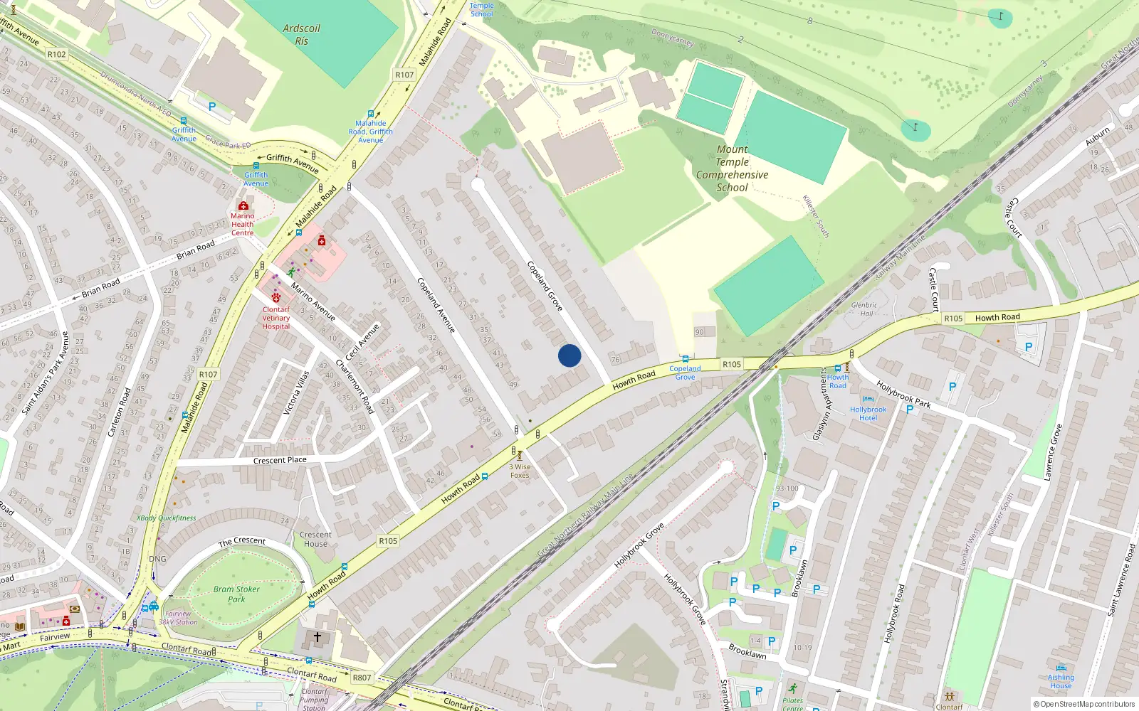 Overhead map showing the location of 1 Copeland Grove, Dublin 3
