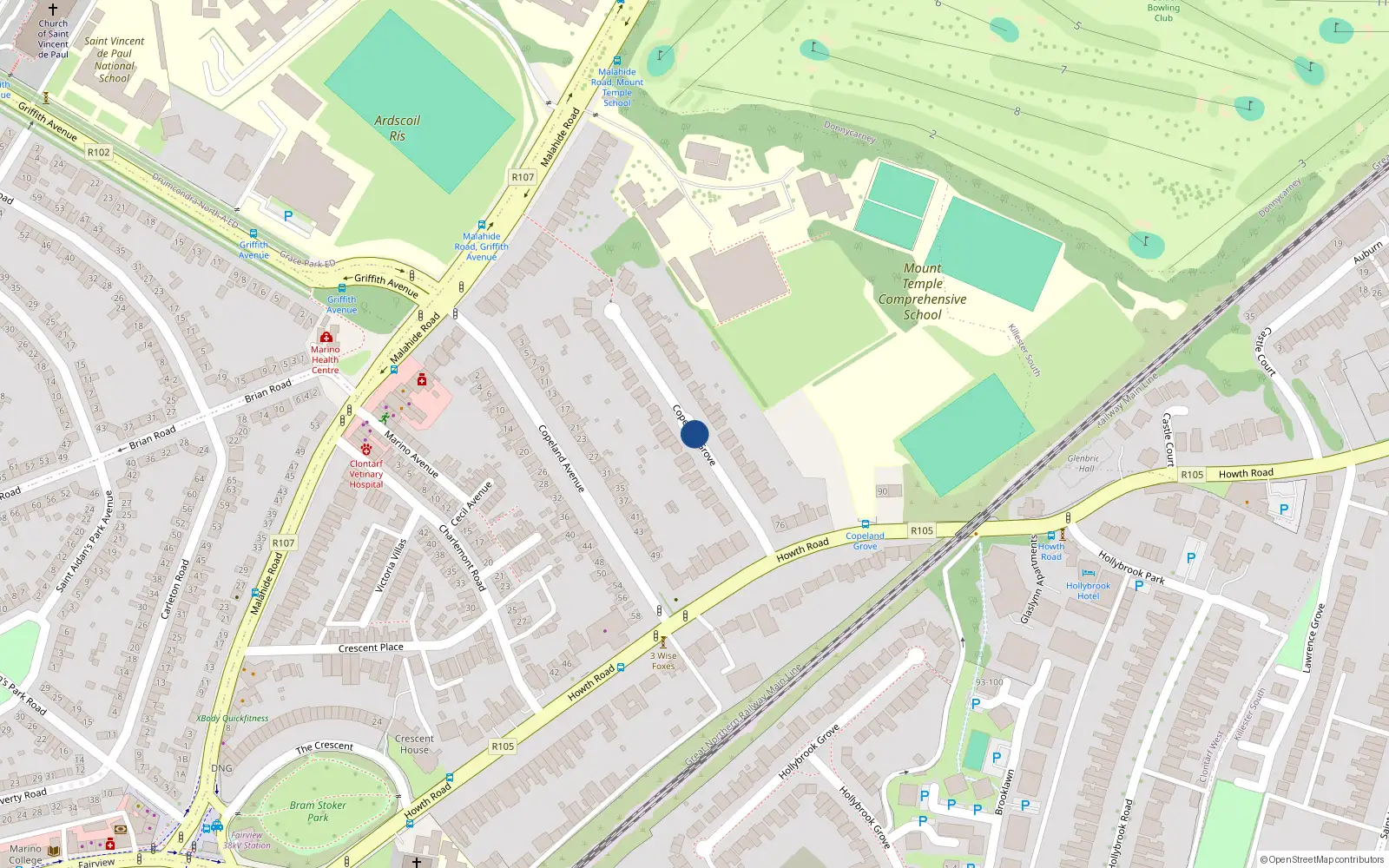 Overhead map showing the location of 1 Copeland Grove, Dublin 3