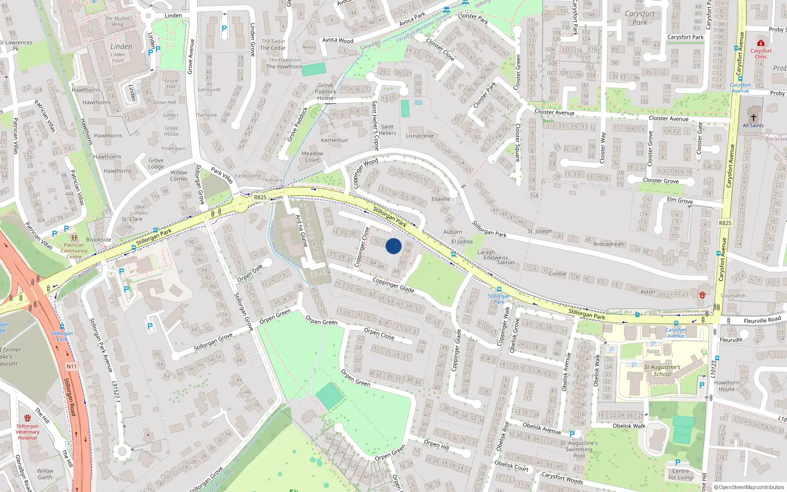 Overhead map showing the location of 1 Coppinger Close, Stillorgan Park, Blackrock