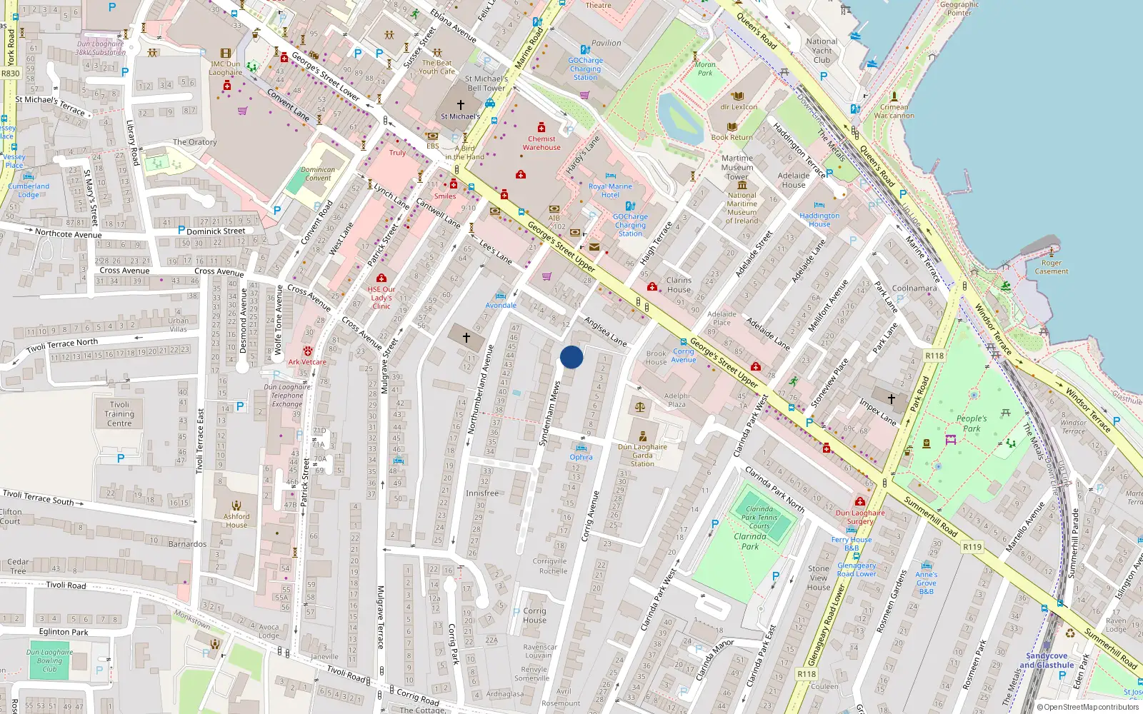 Overhead map showing the location of 1 Corrig Court, Corrig Avenue, Dun Laoghaire