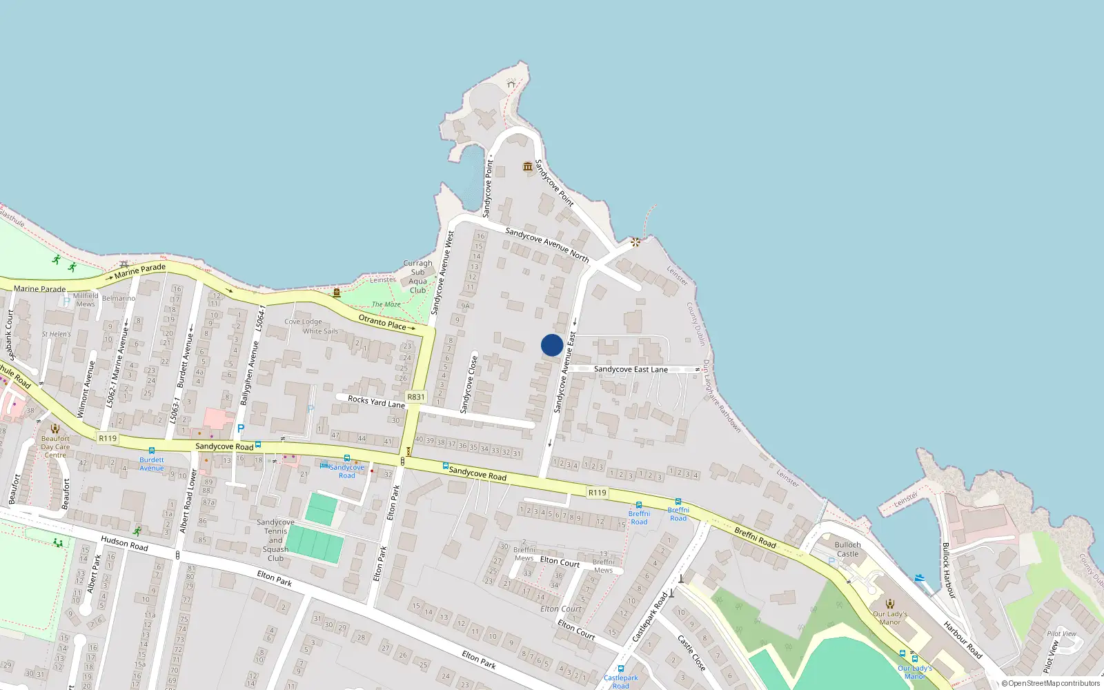 Overhead map showing the location of 1 Cove Terrace, Sandycove Avenue East, Sandycove