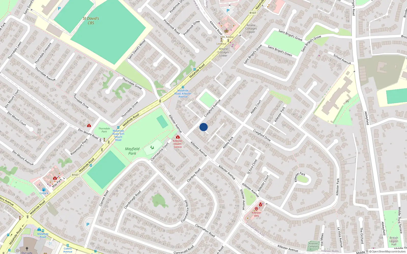 Overhead map showing the location of 1 Craigford Avenue, Artane, Dublin 5