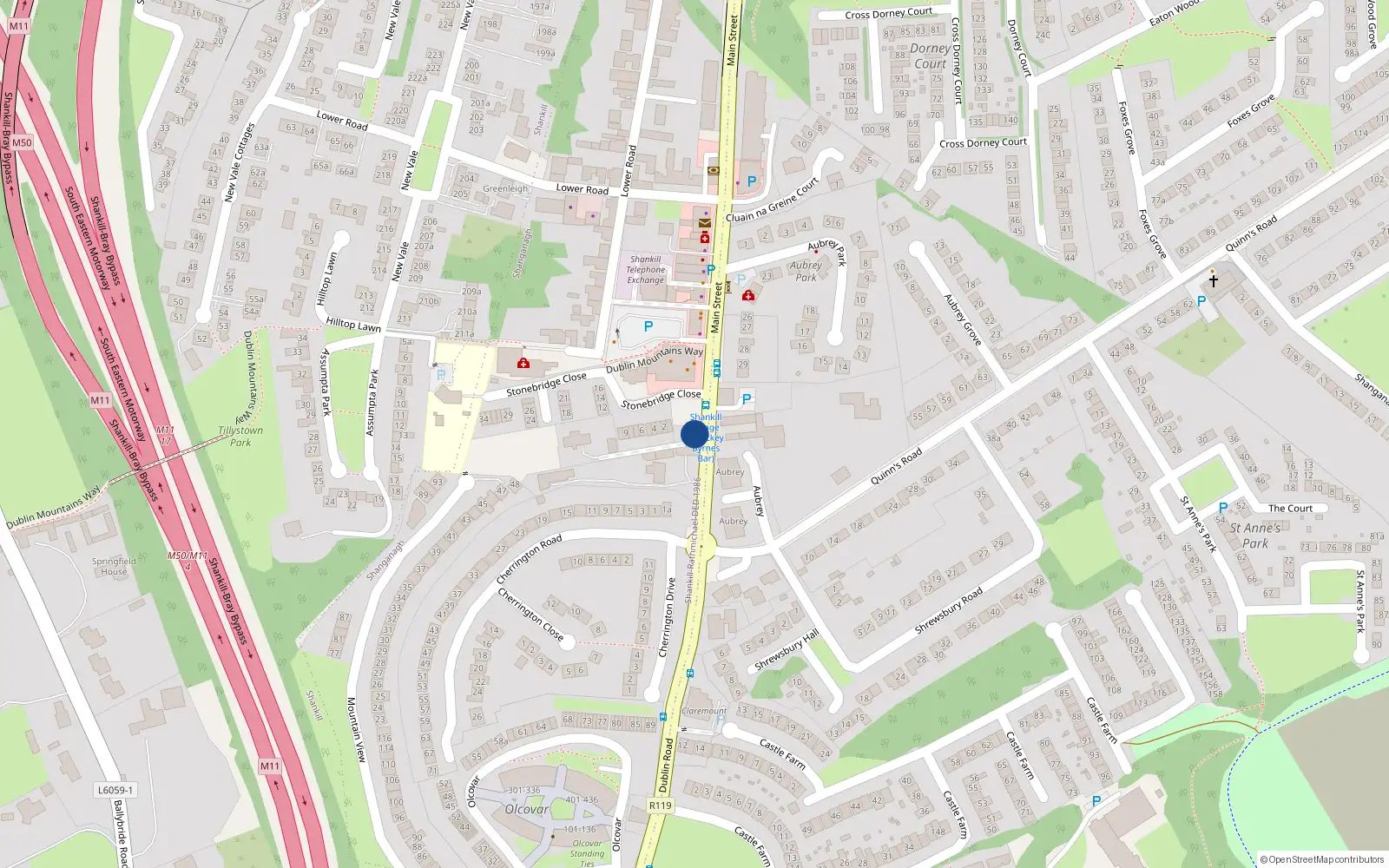 Overhead map showing the location of 1 Crinken Villas, Shankill, Co Dublin