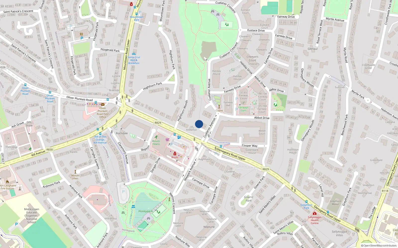 Overhead map showing the location of 1 Cualanor Avenue, Cualanor