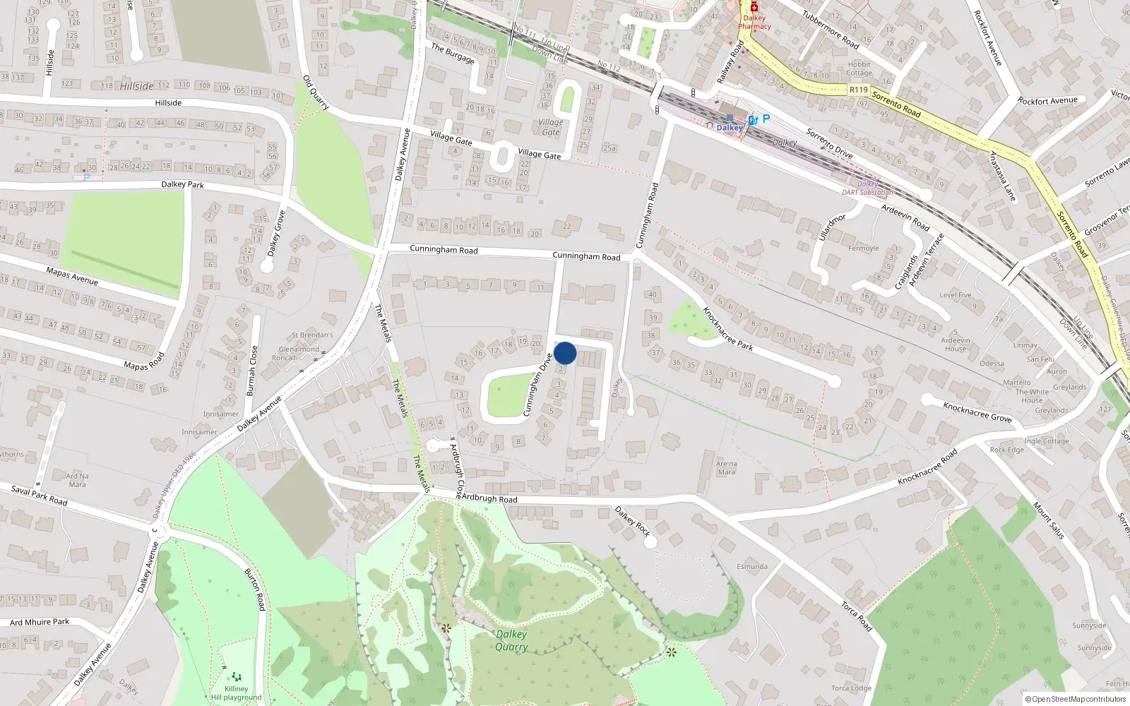 Overhead map showing the location of 1 Cunningham Drive, Dalkey