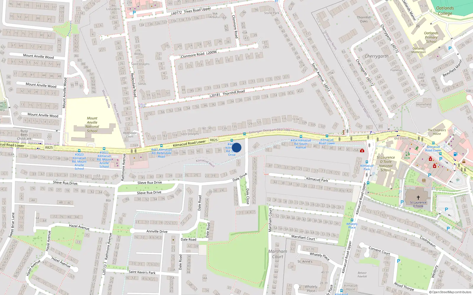 Overhead map showing the location of 1 Dale Drive, Stillorgan