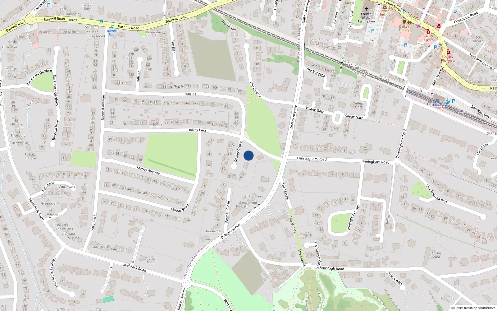 Overhead map showing the location of 1 Dalkey Grove, Dalkey