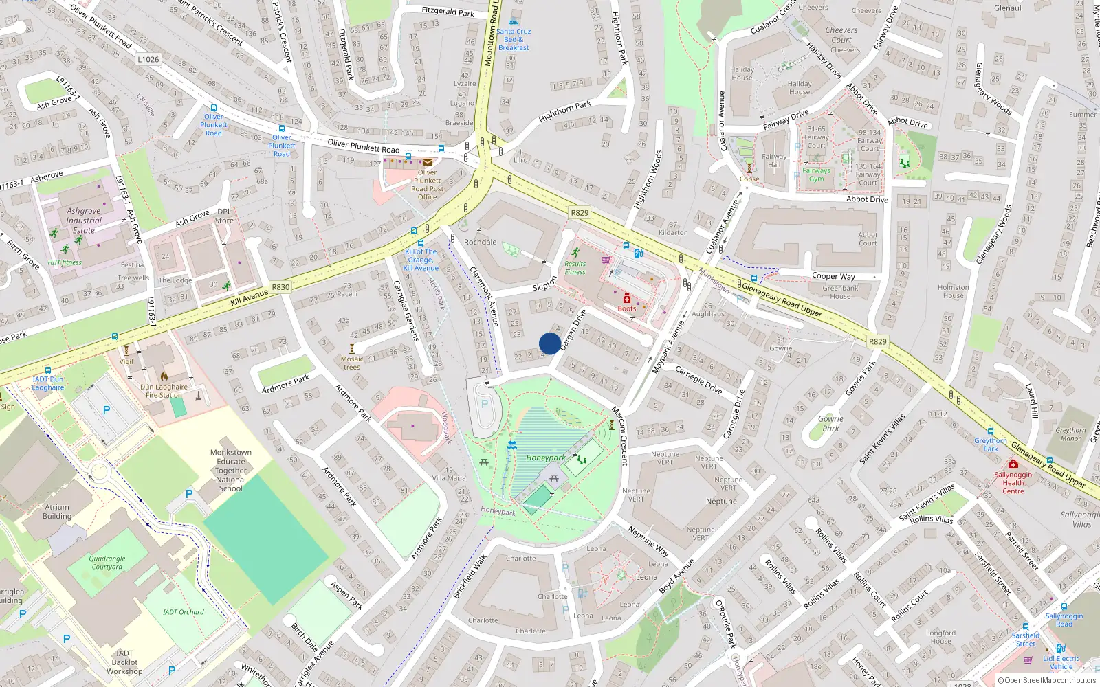 Overhead map showing the location of 1 Dargan Drive, Dun Laoghaire