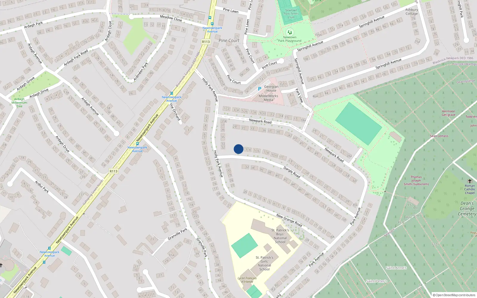 Overhead map showing the location of 1 Dargle Road, Hollypark, Blackrock
