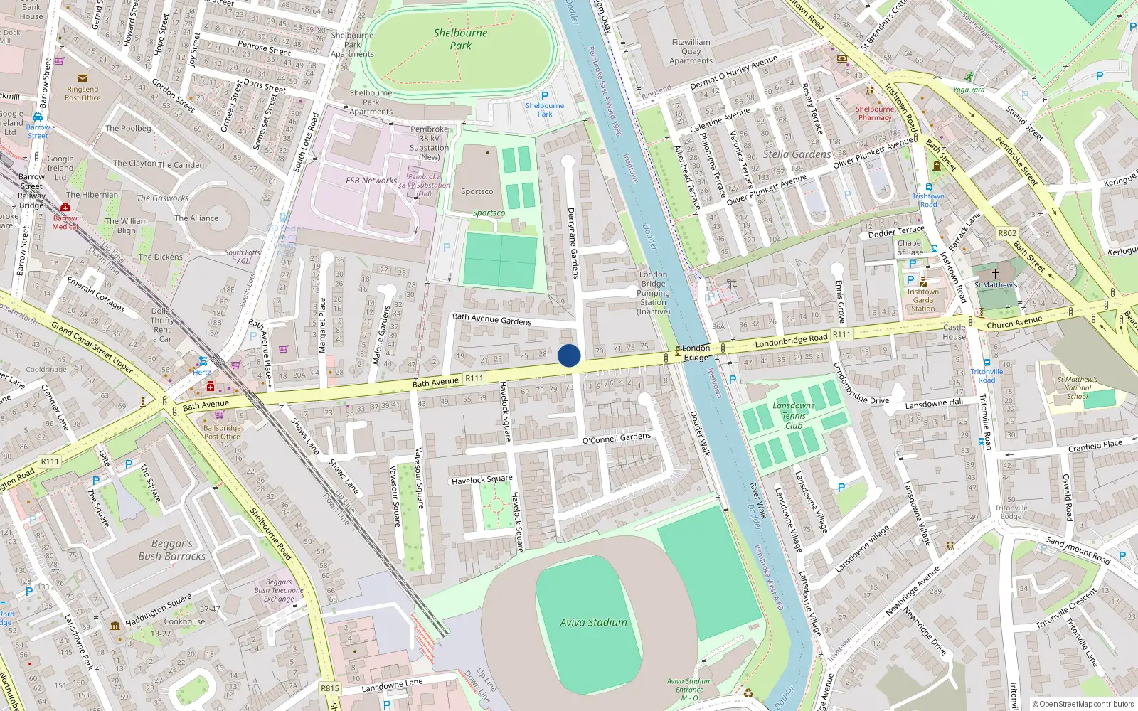 Overhead map showing the location of 1 Derrynane Gardens, Dublin 4