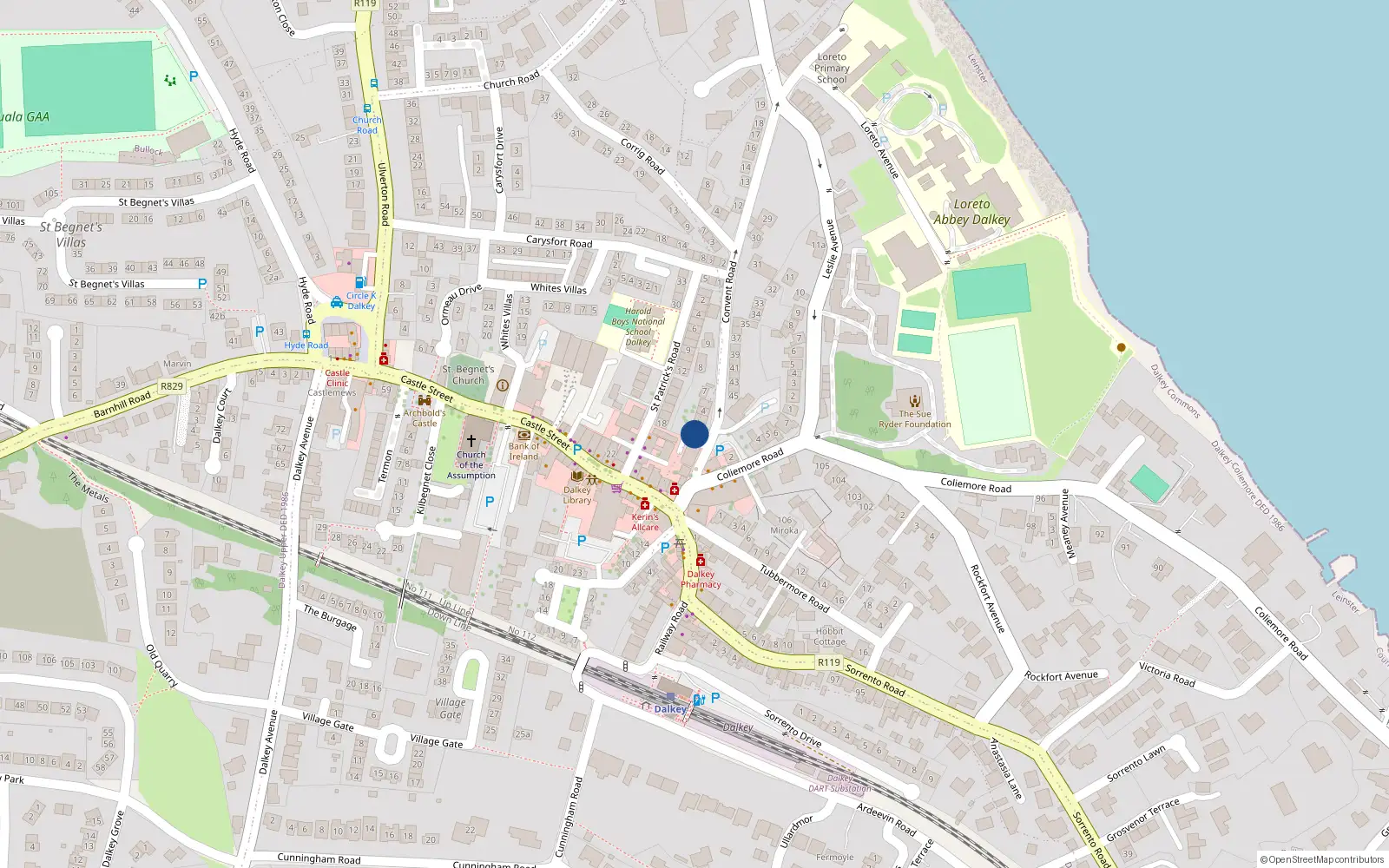 Overhead map showing the location of 1 Derrynane Terrace, Dalkey, Dublin