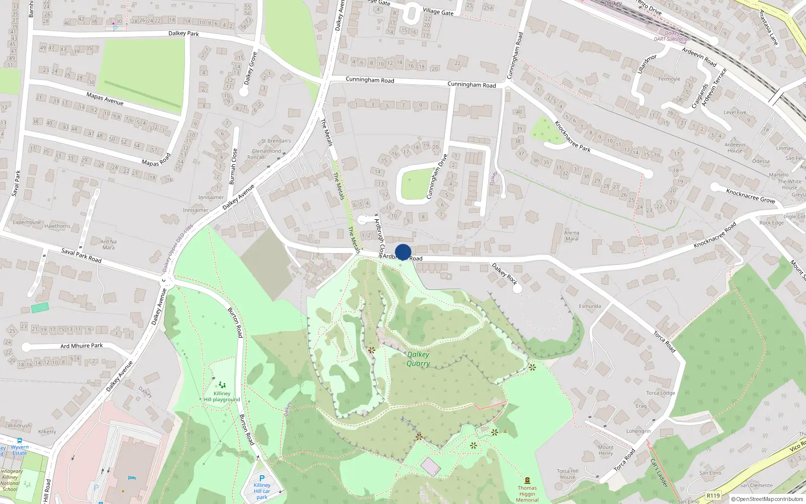 Overhead map showing the location of 1 Desmond Cottages, Dalkey Hill, Dalkey