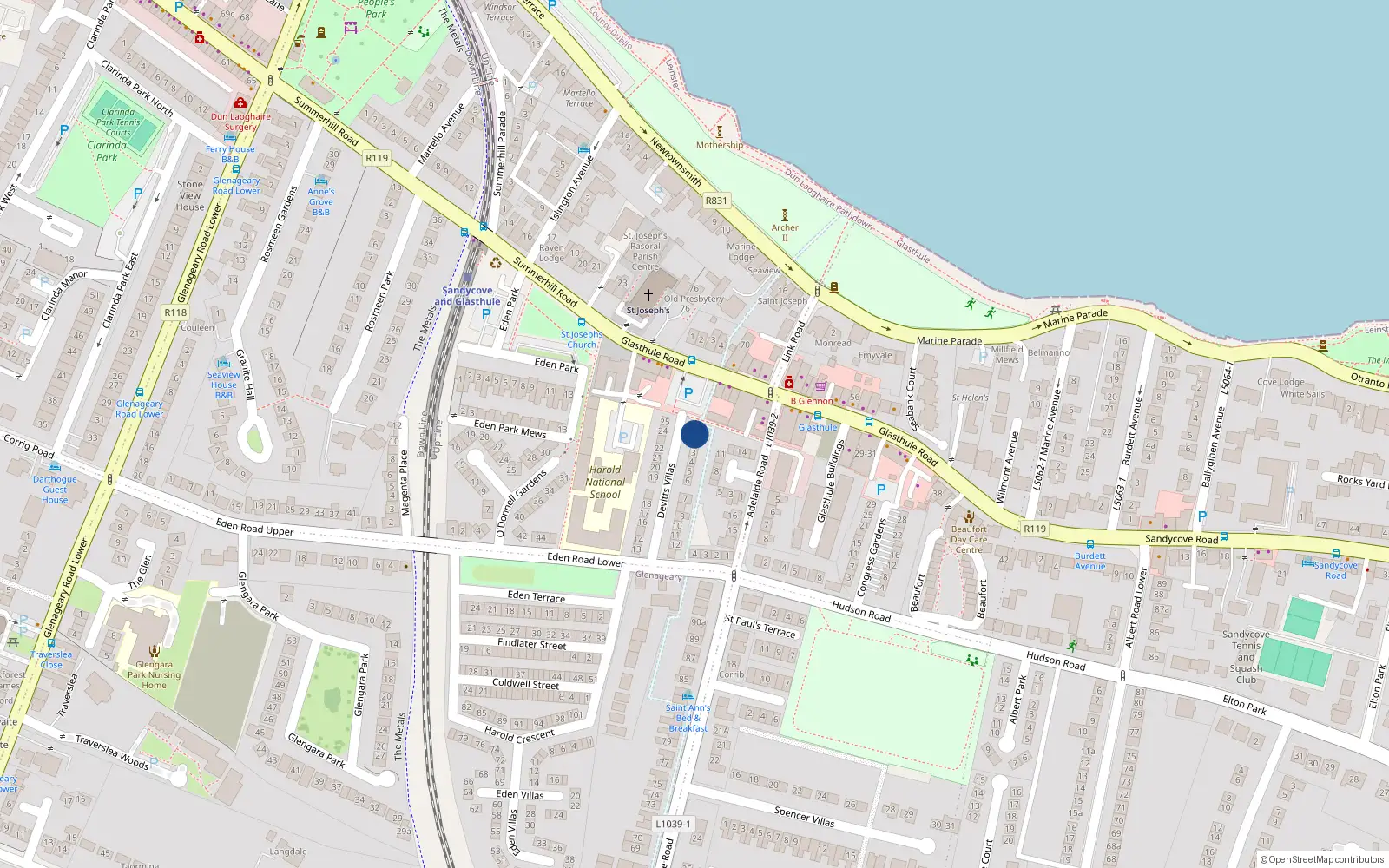 Overhead map showing the location of 1 Devitt Villas, Glasthule, Dublin