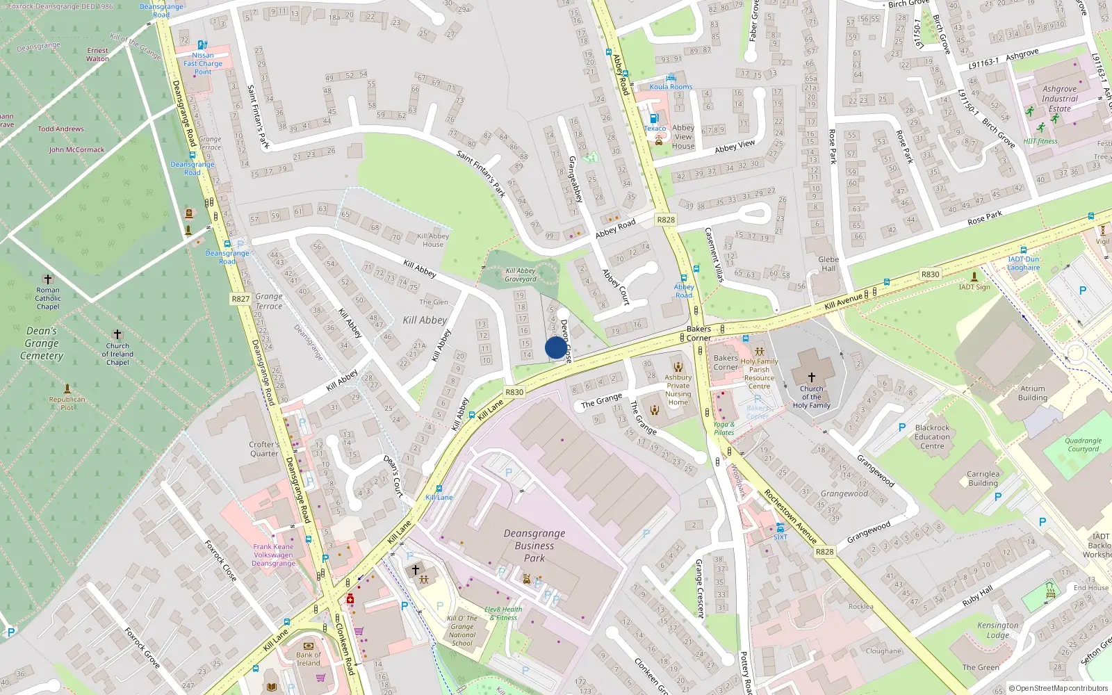 Overhead map showing the location of 1 Devon Close, Deansgrange, Dublin