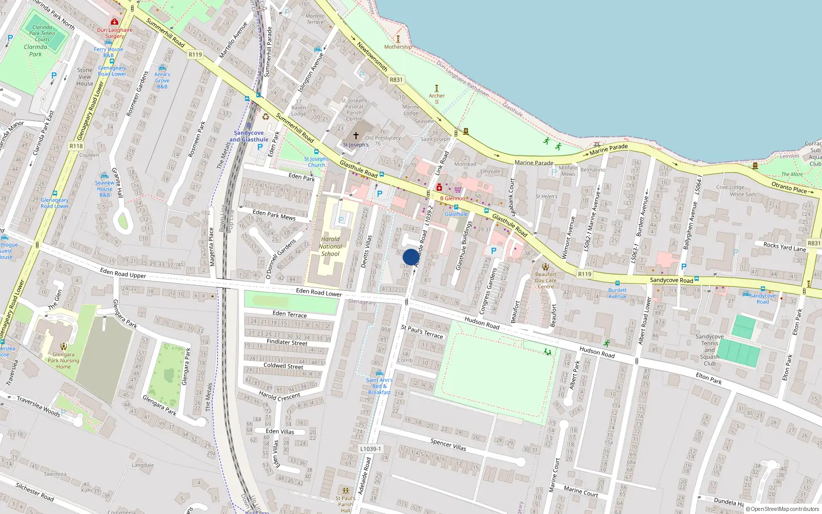 Overhead map showing the location of 1 Dixon's Villas, Glasthule