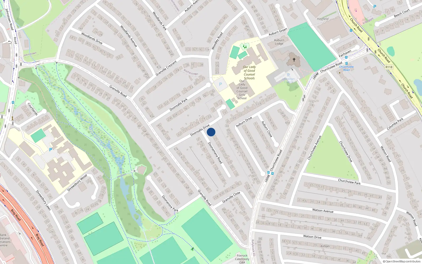 Overhead map showing the location of 1 Doonamana Road, Dun Laoghaire, Dublin
