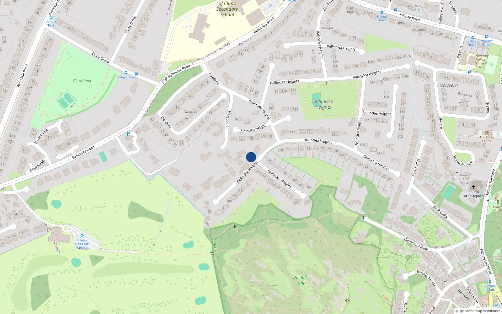 Overhead map showing the location of 1 Druids Wood, Ballinclea Heights, Killiney
