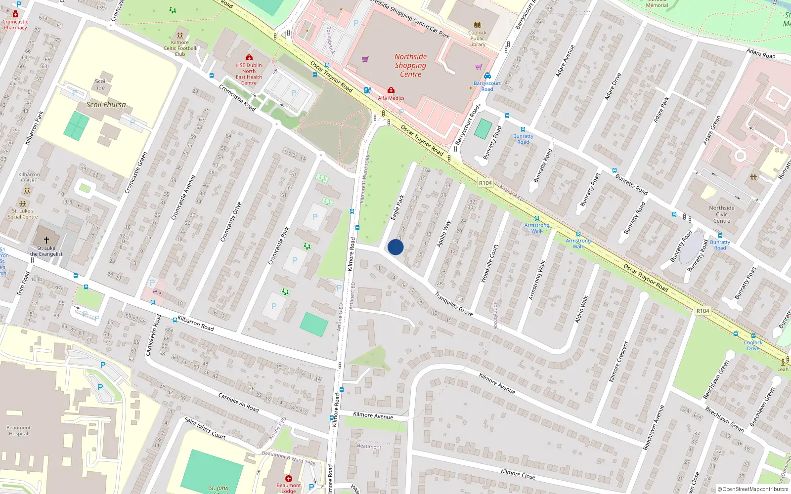 Overhead map showing the location of 1 Eagle Park, Coolock, Dublin 5