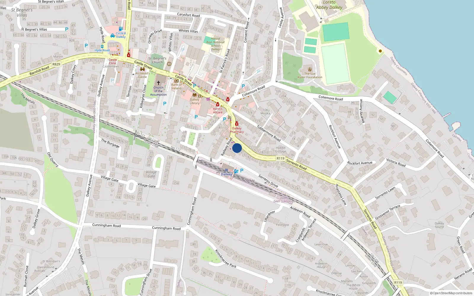 Overhead map showing the location of 1 Eagle Terrace, Sorrento Road, Dalkey
