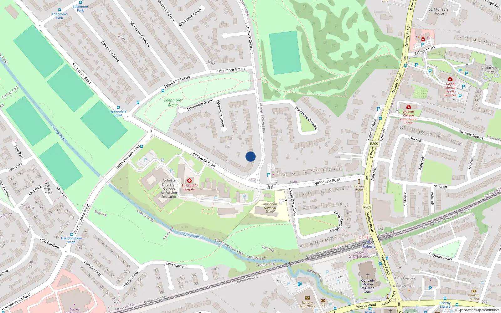 Overhead map showing the location of 1 Edenmore Crescent, Raheny, Dublin 5