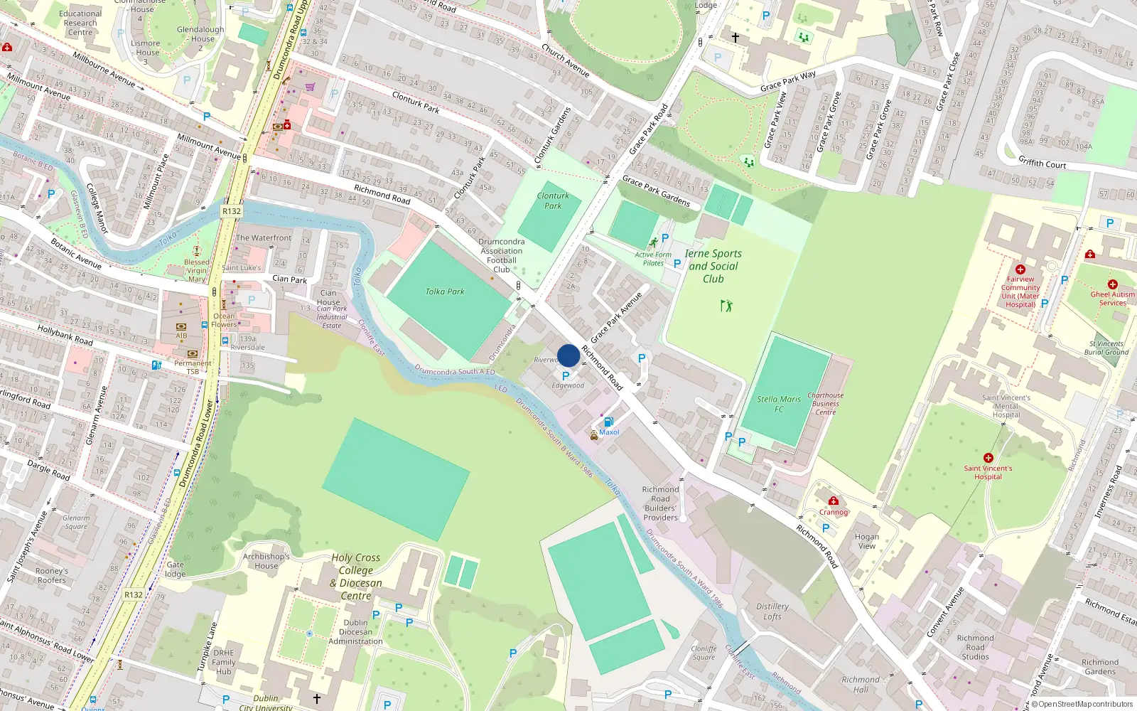 Overhead map showing the location of 1 Edgewood, Richmond Road, Fairview Dublin 3