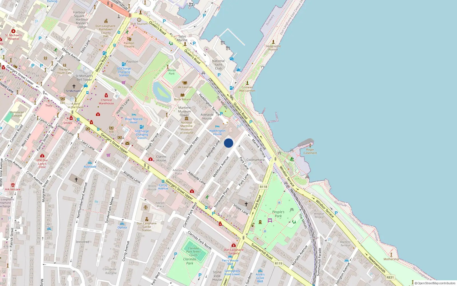 Overhead map showing the location of 1 Edwin Terrace, Mellifont Avenue, Dun Laoghaire