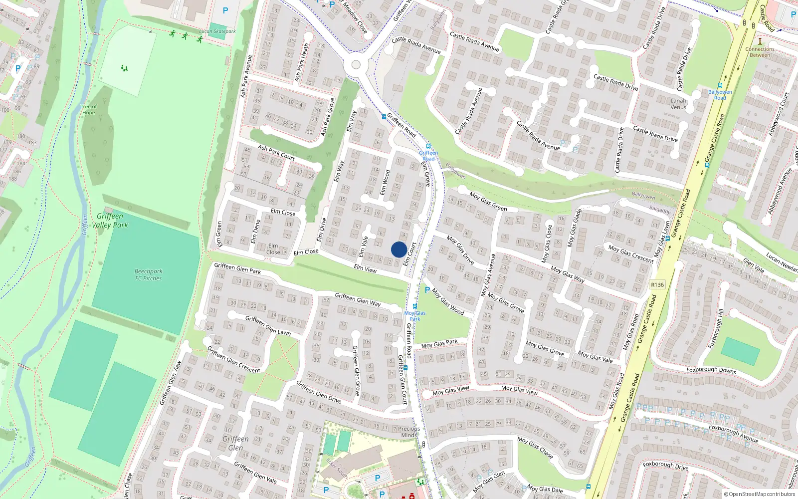 Overhead map showing the location of 1 Elm Court, Lucan