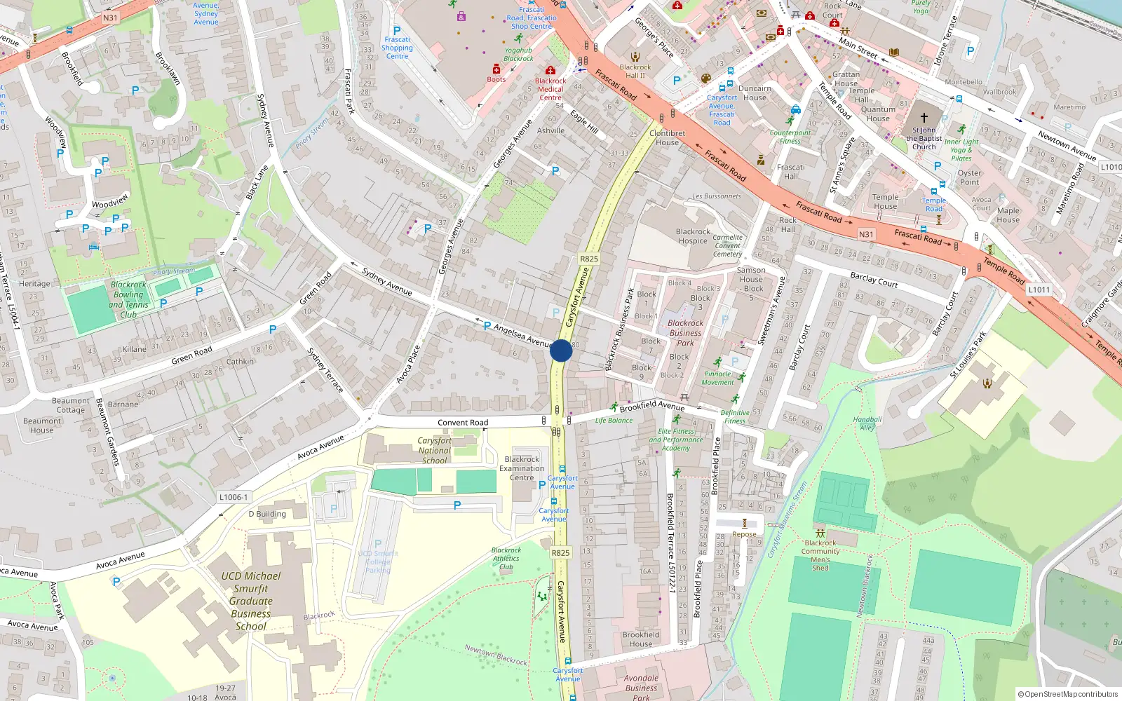 Overhead map showing the location of 1 Elm Grove, Carysfort Avenue, Blackrock