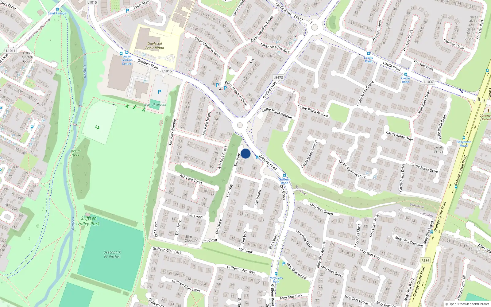 Overhead map showing the location of 1 Elm Way, Lucan