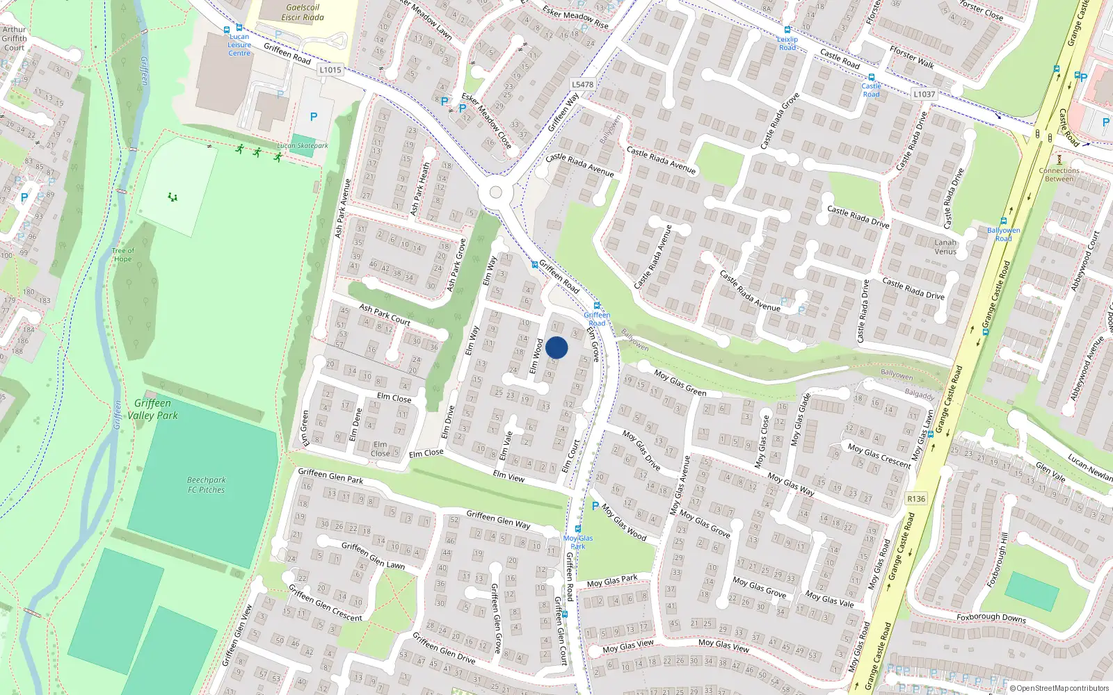 Overhead map showing the location of 1 Elm Wood, Lucan