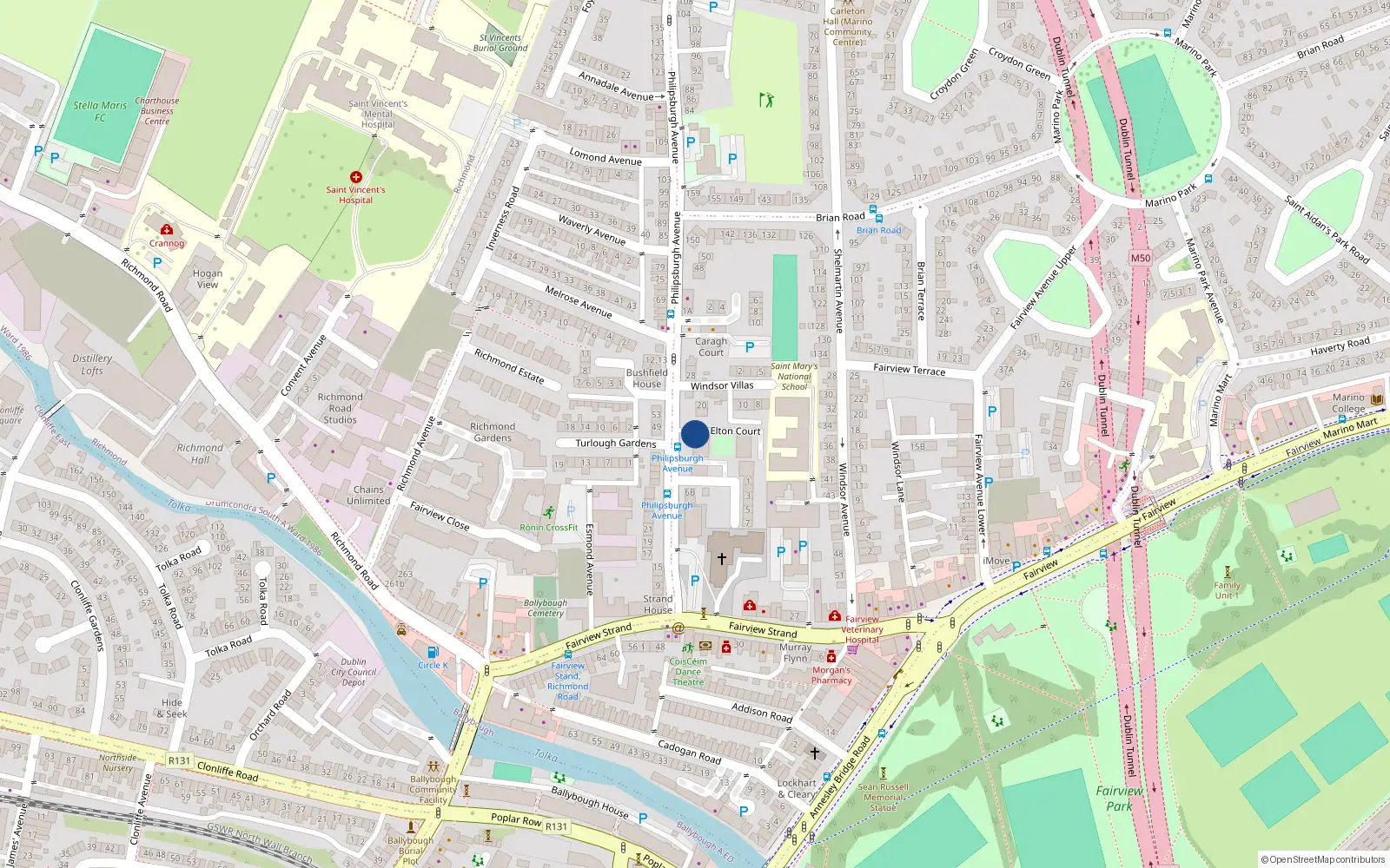 Overhead map showing the location of 1 Elton Court, Phillipsbourg Avenue, Dublin 3