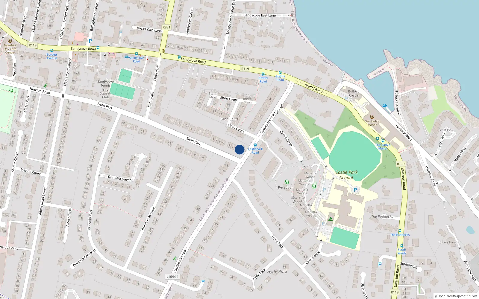 Overhead map showing the location of 1 Elton Park, Sandycove, Co Dublin
