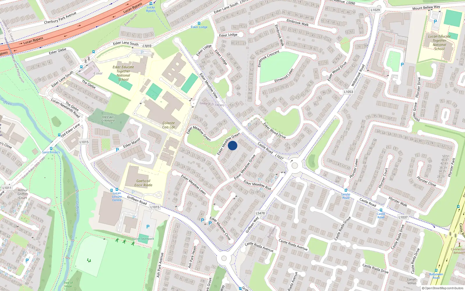 Overhead map showing the location of 1 Esker Meadow Green, Lucan, Co Dublin