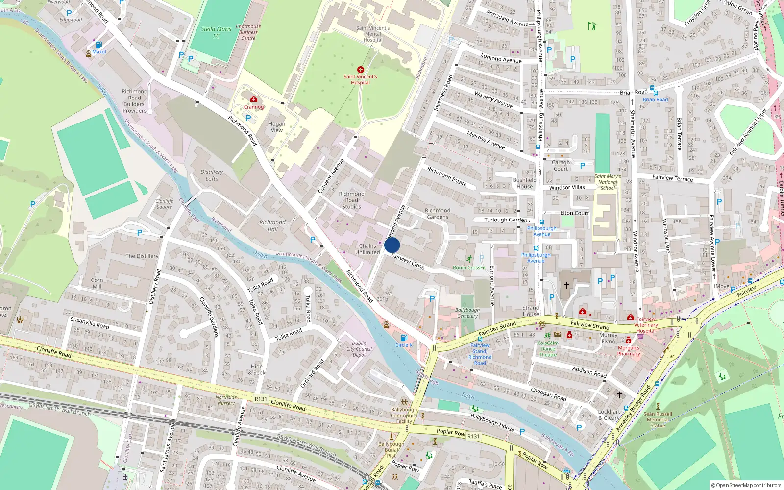 Overhead map showing the location of 1 Fairview Close, Richmond Avenue, Dublin 3
