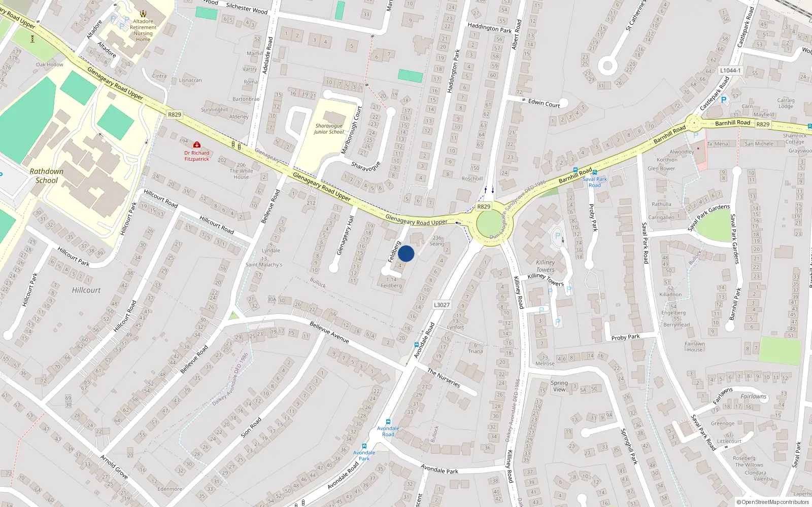 Overhead map showing the location of 1 Feldberg Road, Glenageary