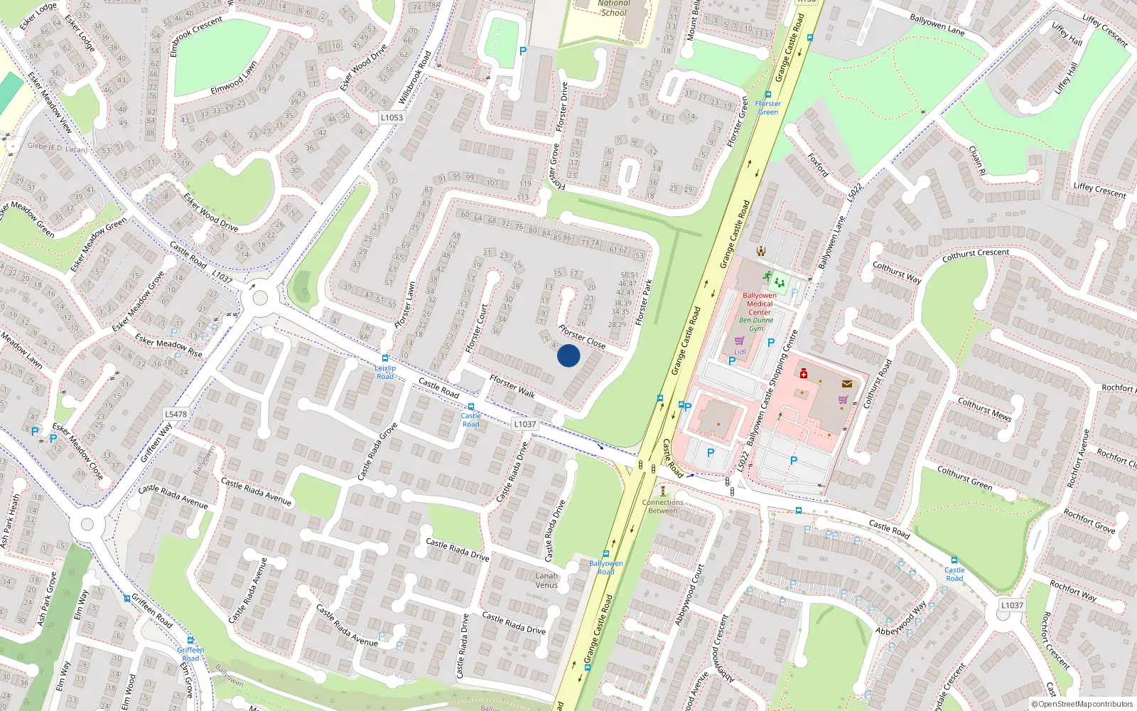 Overhead map showing the location of 1 Fforster Close, Castle Road, Lucan