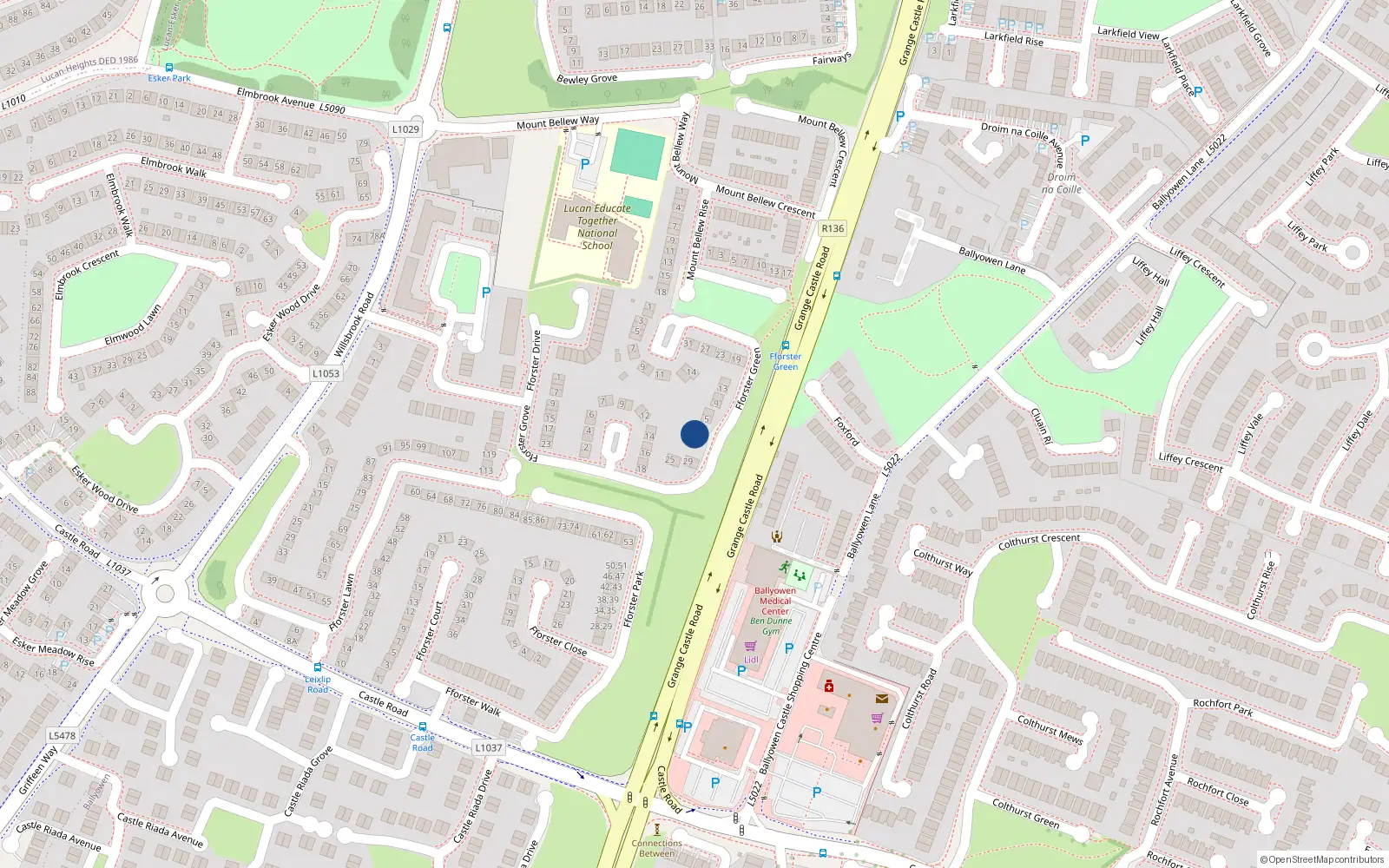 Overhead map showing the location of 1 Fforster Green, Ballydowd Manor, Lucan