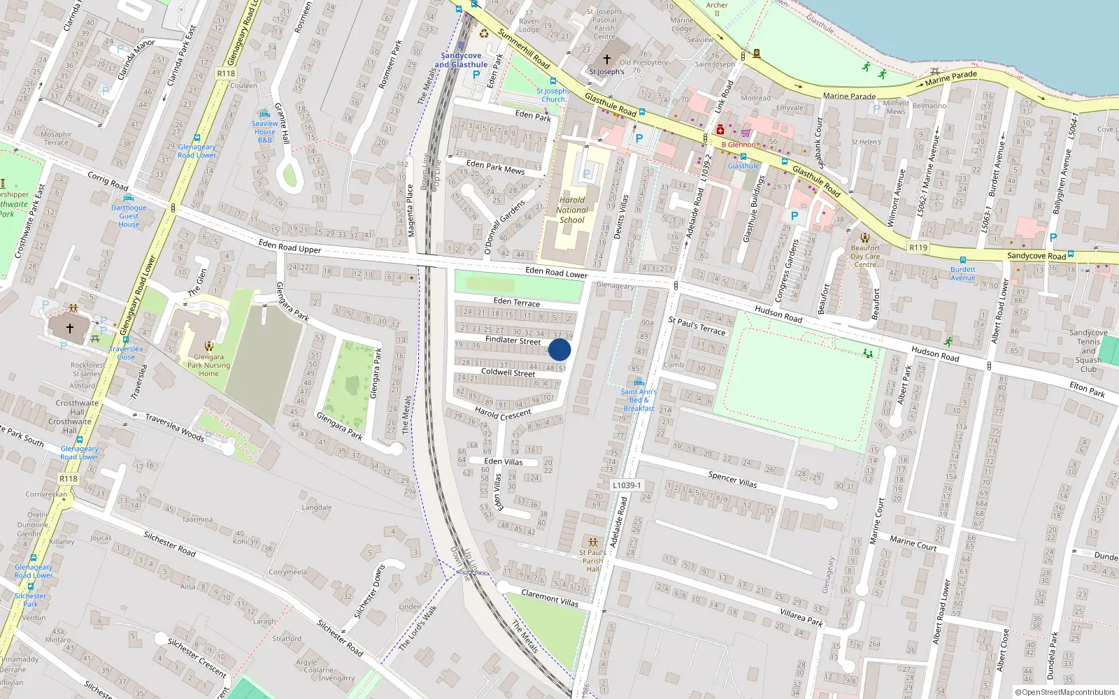 Overhead map showing the location of 1 Findlater St, Glasthule, Dublin