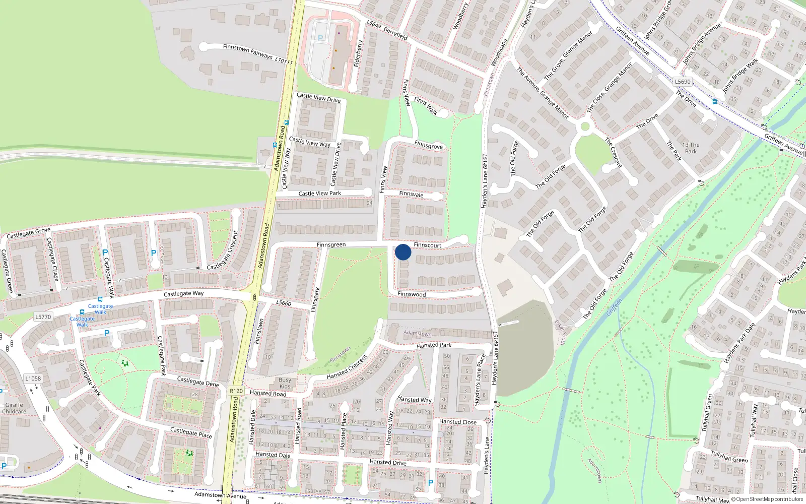 Overhead map showing the location of 1 Finnswood, Finnstown Cloisters, Lucan