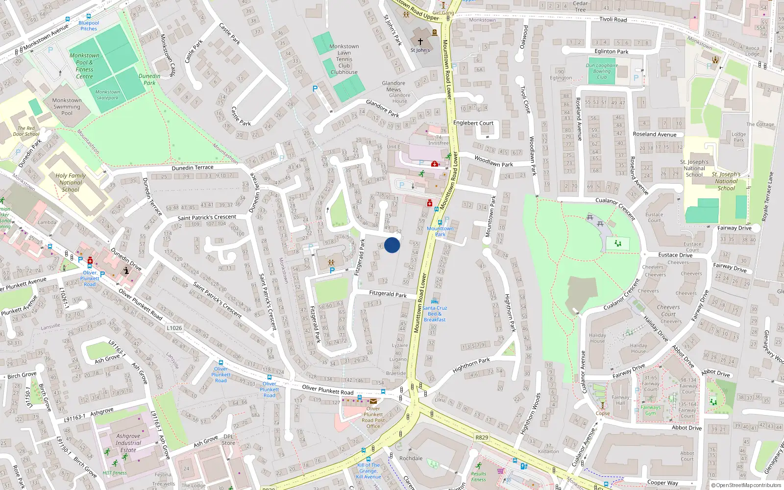 Overhead map showing the location of 1 Fitzgerald Park, Mounttown, Dun Laoghaire
