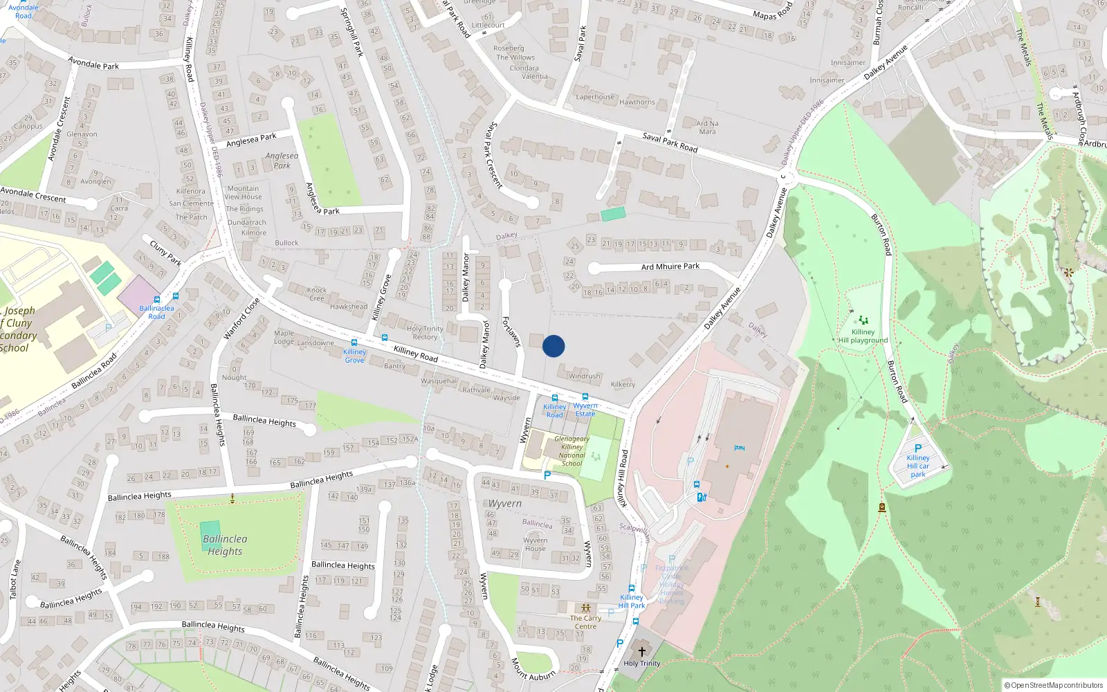 Overhead map showing the location of 1 Fortal, Killiney Road, Dalkey