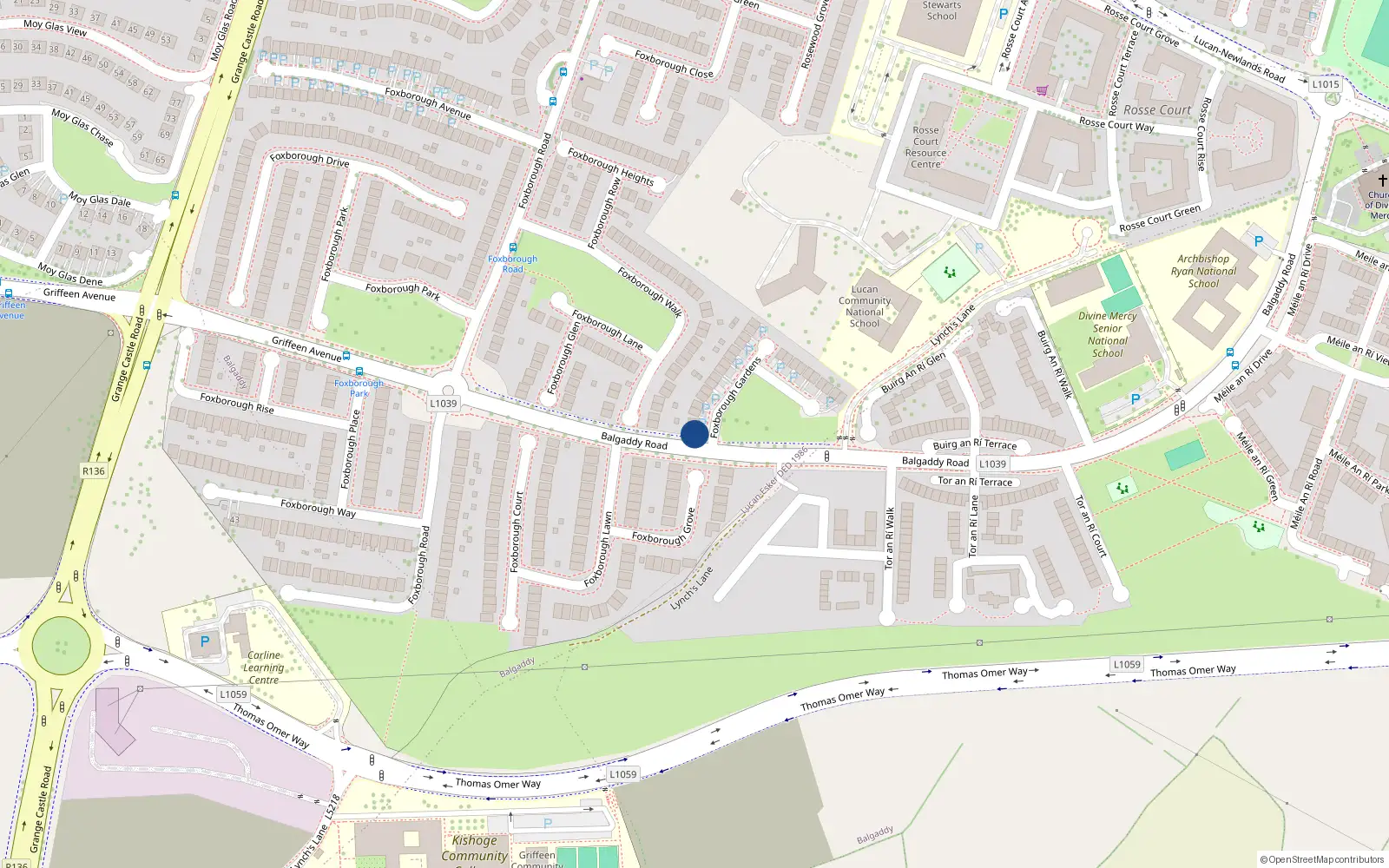 Overhead map showing the location of 1 Foxborough Gardens, Lucan, Dublin