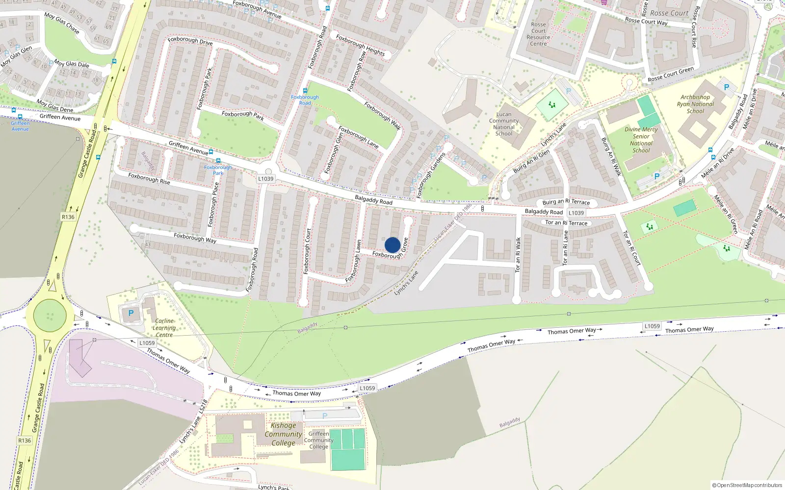 Overhead map showing the location of 1 Foxborough Grove, Lucan