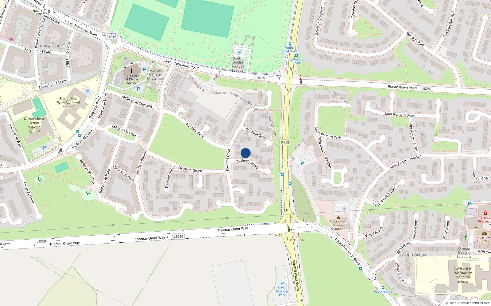 Overhead map showing the location of 1 Foxdene Gardens, Lucan, Dublin