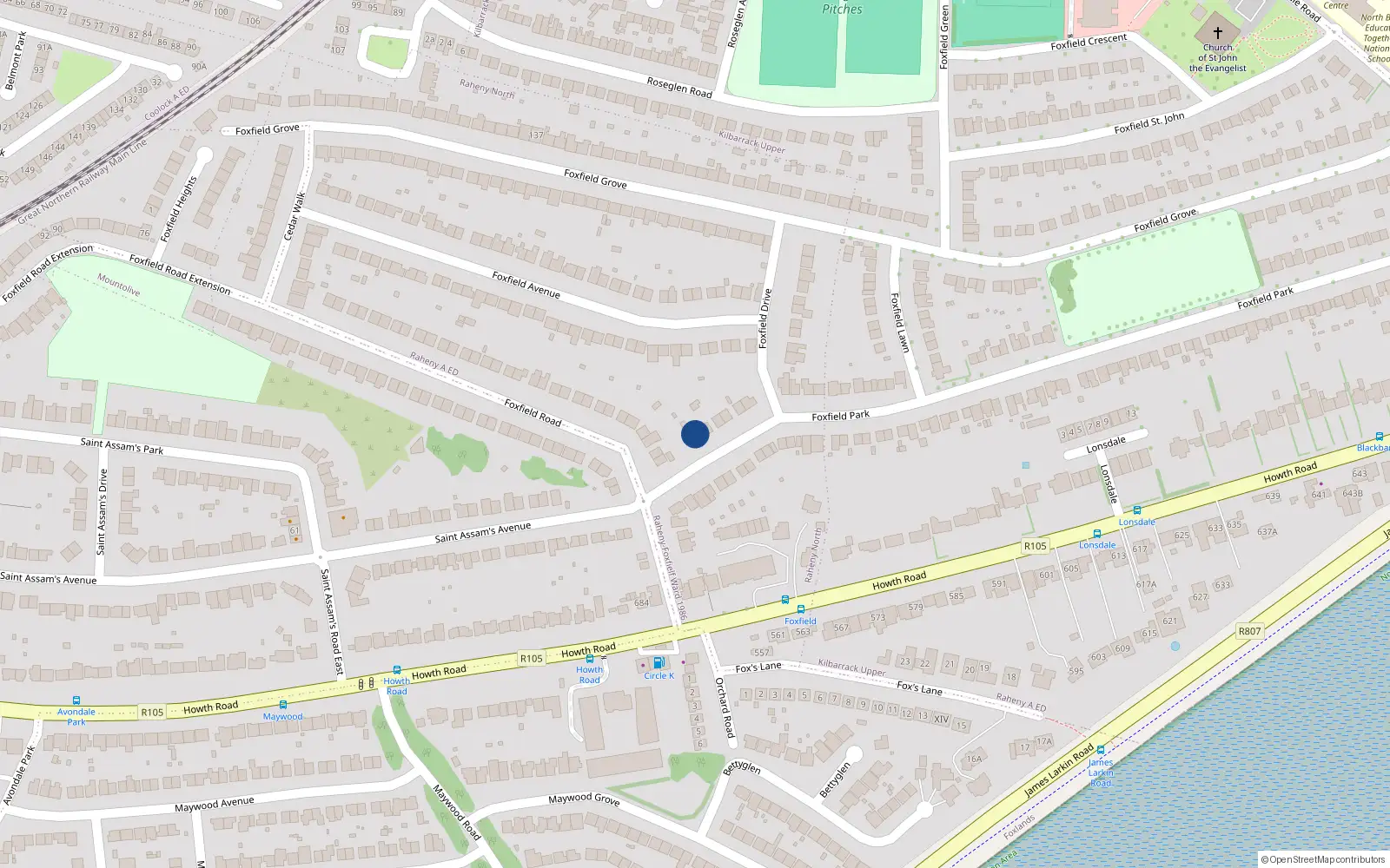 Overhead map showing the location of 1 Foxfield Park, Raheny, Dublin 5