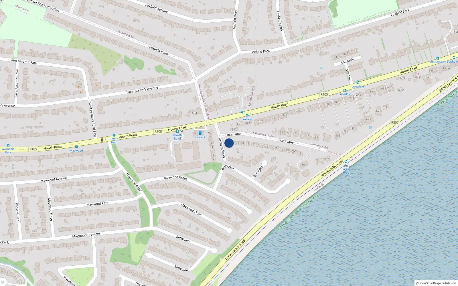 Overhead map showing the location of 1 Fox's Lane, Dublin 5