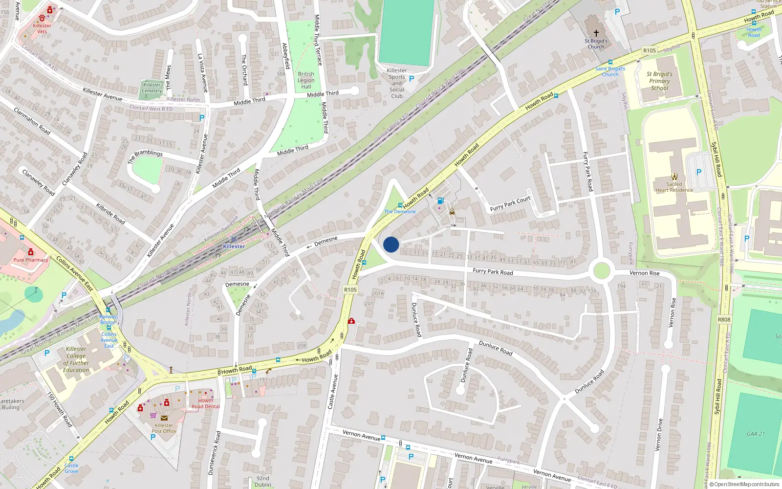 Overhead map showing the location of 1 Furry Park Road, Dublin 5